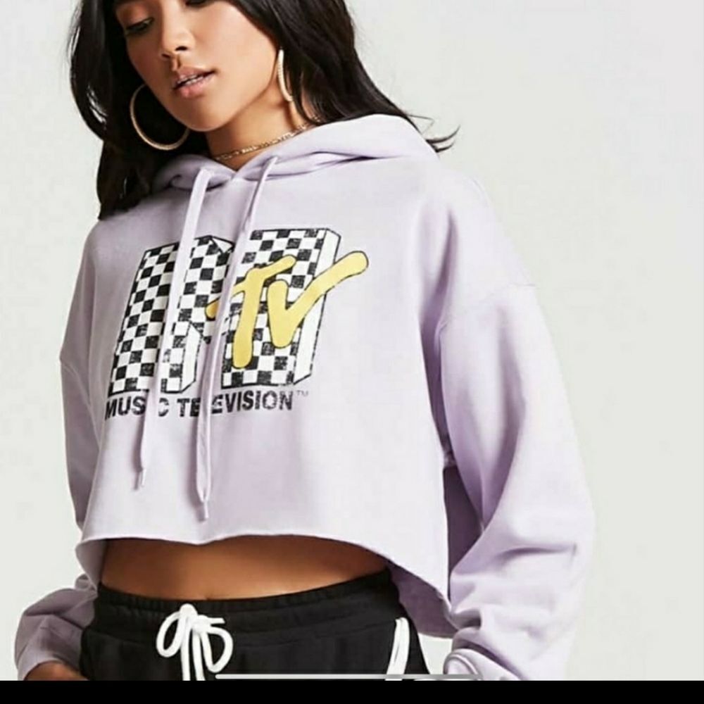 MTV Womens 3X Lavender Cropped Hoodie Checkered Logo Sweatshirt  Streetwear Y2K